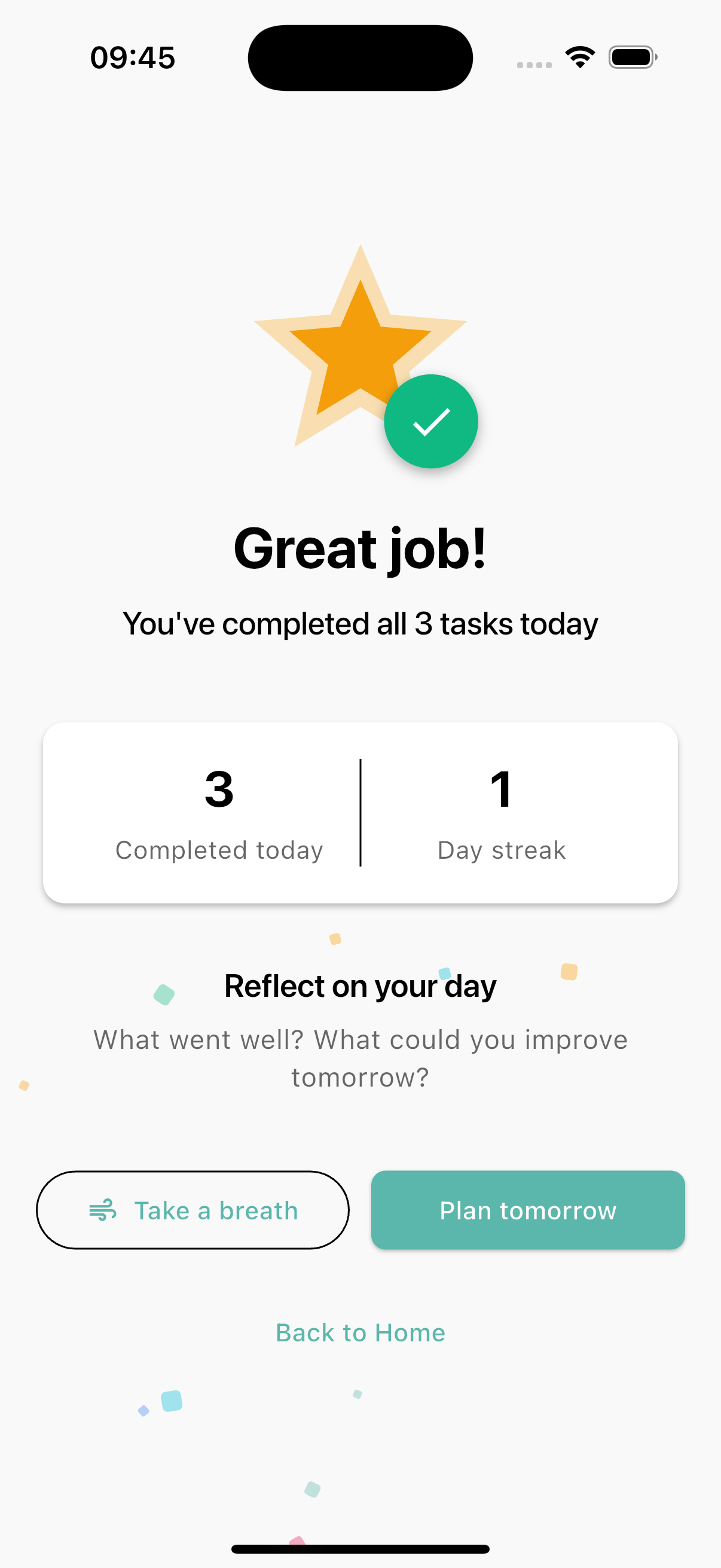 3 Tasks Per Day - Celebration screen when all tasks completed